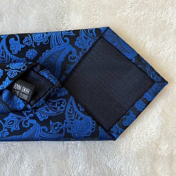 100% Silk Designer 58" Necktie & Matching Pocket Square Set Blue & Black Paisley - Picture 4 of 6